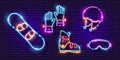 Snowboarding set neon icon. Snowboard, glasses, helmet, boots and gloves glowing sign. Vector illustration for design. Sports