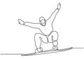 Snowboarding single one line drawing. Person standing and jump on snowboard. Winter sport minimalism and simplicity hand drawn