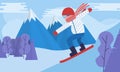 Snowboarding. Snow landscape, winter activities, extreme sports. Vacation in the snowy mountain. Flat illustration