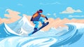 Snowboarding, snowboarder jumping in snowy mountains, background. Man with snowboard in flat style.