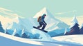 Snowboarding, snowboarder jumping in snowy mountains, background. Man with snowboard in flat style.