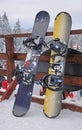 Snowboards on the fence Royalty Free Stock Photo