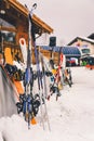 Snowboards and ski touring equipment in ski resort