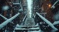 Snowbound Alleys, Close-Up of Fire Escape Stairs Laden with Snow, Old Brick Buildings in Soft Focus, Highlighting the Royalty Free Stock Photo