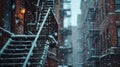 Snowbound Alleys, Close-Up of Fire Escape Stairs Laden with Snow, Old Brick Buildings in Soft Focus, Highlighting the Royalty Free Stock Photo