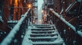 Snowbound Alleys, Close-Up of Fire Escape Stairs Laden with Snow, Old Brick Buildings in Soft Focus, Highlighting the Royalty Free Stock Photo