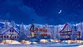 Snowbound alpine mountain town at winter night