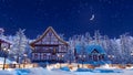 Snowbound alpine mountain village at winter night