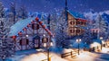 Snowbound alpine township at snowfall winter night Royalty Free Stock Photo