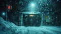 Snowbound Commute, Long Shot of a Snow-Covered Subway Entrance, Blowing Snowflakes Obscuring the City Lights, Evoking
