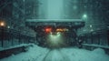 Snowbound Commute, Long Shot of a Snow-Covered Subway Entrance, Blowing Snowflakes Obscuring the City Lights, Evoking