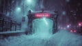 Snowbound Commute, Long Shot of a Snow-Covered Subway Entrance, Blowing Snowflakes Obscuring the City Lights, Evoking Royalty Free Stock Photo