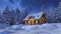 Snowbound house decorated for Xmas at winter night