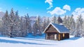 Snowbound log cabin in mountains at winter day 3D