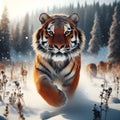 Amur Tiger in the Wild Winter, a Breathtaking Action Scene of Nature's Danger. Generative ai for illustrations