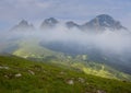 Snowbound mountain ridge in a mist above a green mountain valley