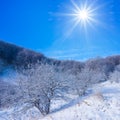 snowbound mountain valley under sparkle sun