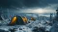 Snowbound Shelter: Dark Green Tent in a Finnish Mountain Blizzard