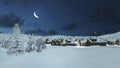 Snowbound township and fir trees at snowfall night