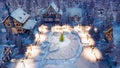 Snowbound village at Christmas night aerial view