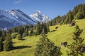 Snowcapped Bernese Swiss alps, Breithorn and alpine farms, Switzerland Royalty Free Stock Photo