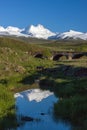 Snowcapped mount of Aragats with old bridge in front Royalty Free Stock Photo