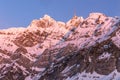 The snowcapped summit of Mount Saentis in evening light, Schwaegalp, Canton of Appenzell-Ausserrhoden, Switzerland