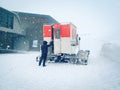 Snowcat with cabin to take skiers snowboarders freeride downhill in remote caucasus mountains. Ratrak in Goderdzi experience Royalty Free Stock Photo