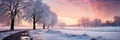 Snowcovered Cemetery During A Winter Sunrise, Ethereal And Still