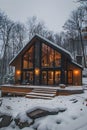 Snowcovered house with many windows stands tall against the wintry sky