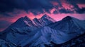 A snowcovered mountain range its peaks silhouetted against the dark sky with the Northern Lights casting an eerie and