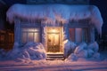 snowdrift and door illuminated at night