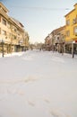 Snowdrift over the fountain on the main street of the old town of Pomorie in Bulgaria