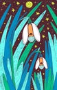 Snowdrop - floral illustration. colorful plant drawing. Graphic psychedelic multicolored line art. Vector artwork