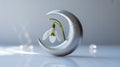 Snowdrop Flower Inside a Silver Crescent Moon with Water Droplets. Royalty Free Stock Photo