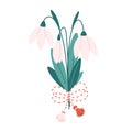 Snowdrop flower with Martisor talisman. Traditional accessory for holiday of early spring in Romania and Moldova. Vector