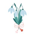 Snowdrop flower with Martisor talisman. Traditional accessory for holiday of early spring in Romania and Moldova. Vector
