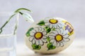 Snowdrop flower in vase, white easter egg with painted daisy flower