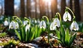 Snowdrop Flowers Blooming in Sunny Spring Forest: Snow Falling, Sun Rising Royalty Free Stock Photo