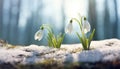 Snowdrop flowers growing in snowdrift in spring. Beautiful springtime nature background