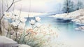 Snowdrop flowers landscape background. Beautiful snowdrops growing in snow in early spring forest illustration of nature Royalty Free Stock Photo