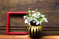 Snowdrop flowers in a vase on rustic wooden background Royalty Free Stock Photo