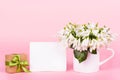 Snowdrops, blank note, gift box.note, flowers and gift. Royalty Free Stock Photo