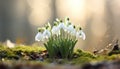 Snowdrops blooming in the snow, the first signs of spring heralding the end of winter Royalty Free Stock Photo