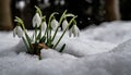 Snowdrops, bokeh background, copy space for text, beginning of spring, macro close-up of snowdrops