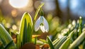 Snowdrops, bokeh background, copy space for text, beginning of spring, macro close-up of snowdrops