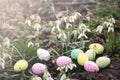 Snowdrops and decorative eggs on a spring background. Easter composition Royalty Free Stock Photo