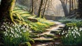 Snowdrops on the foggy forest path Royalty Free Stock Photo