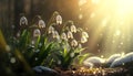 Snowdrops (Galanthus) in the forest in the sunlight. Generative AI