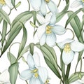 Snowdrops seamless pattern background. Hello Spring snowdrop delicate flowers. Romantic Bloom floral Botanical print for Royalty Free Stock Photo